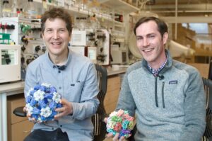 David Baker and Neil King holding 3D-printed models of computationally designed protein assemblies. At the UW Medicine Institute for Protein Design.