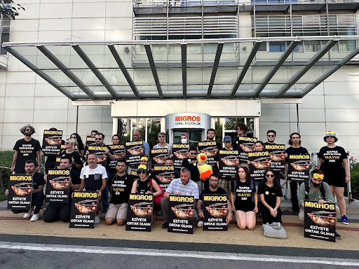 Campaigners holding posters outside a Migros office