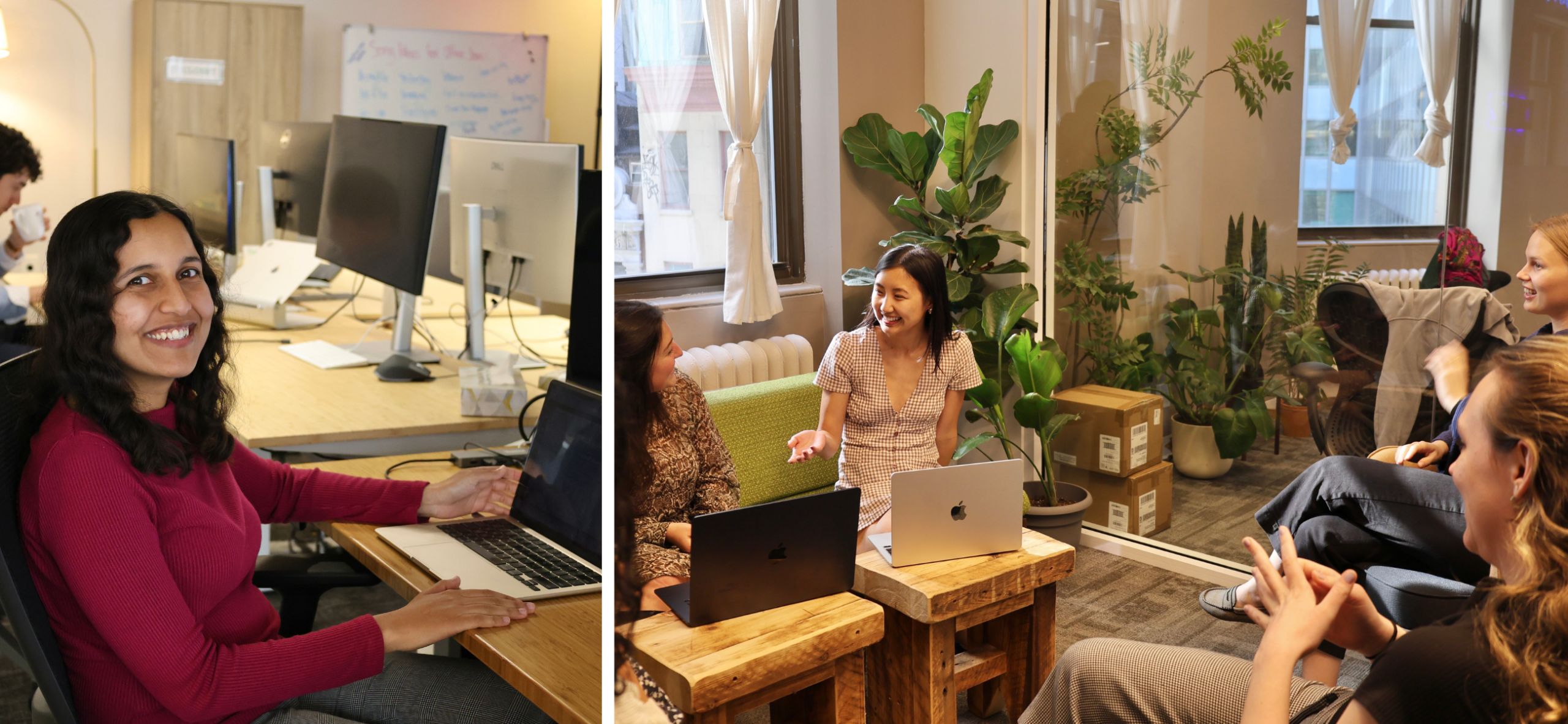 A workstation at our D.C. office, and a lounge at our NYC hub.