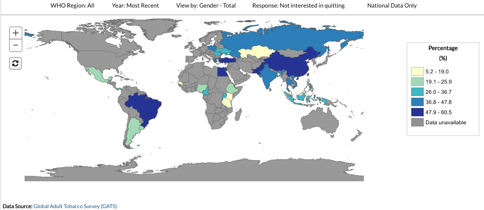A similar graph showing the percentage of smokers not interested in quitting.