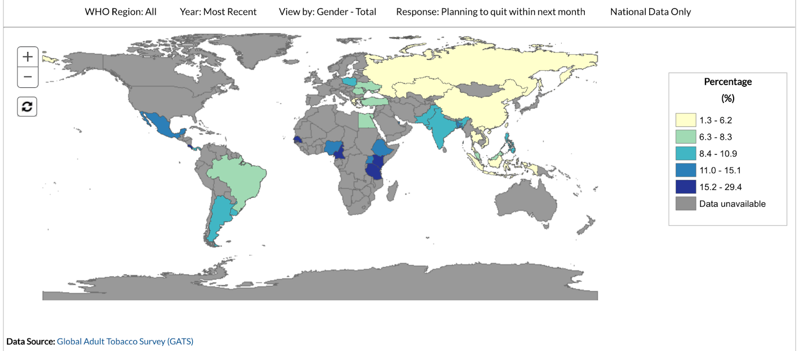 This is a world map showing the percentage of the total population planning to quit smoking within the next month, with data categorized into five ranges from 1.3% to 29.4%.