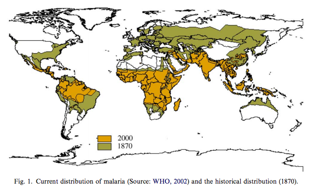 A chart indicating the current demonstrating of malaria and the historical distribution. 